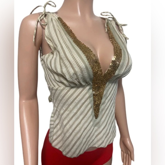 V2K 2000’s Tan Striped Gold Sequin trim Ties at back fitted Lightweight blouse - Picture 2 of 5